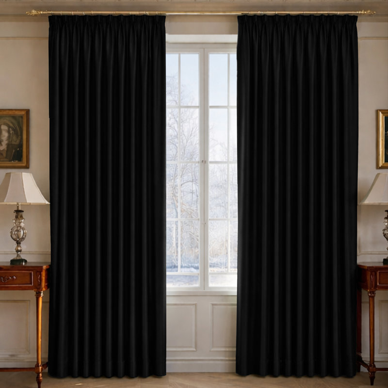 100% Polyester Blackout Pencil Pleat Room Darkening Curtains, Black, 228cm Width x 183cm Drop