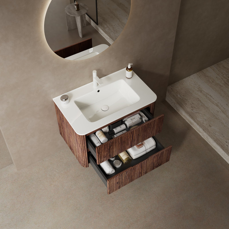Meuble-lavabo mural 30 po avec 2 tiroirs, meuble-lavabo flottant ECO avec évier et drain, noyer rétro