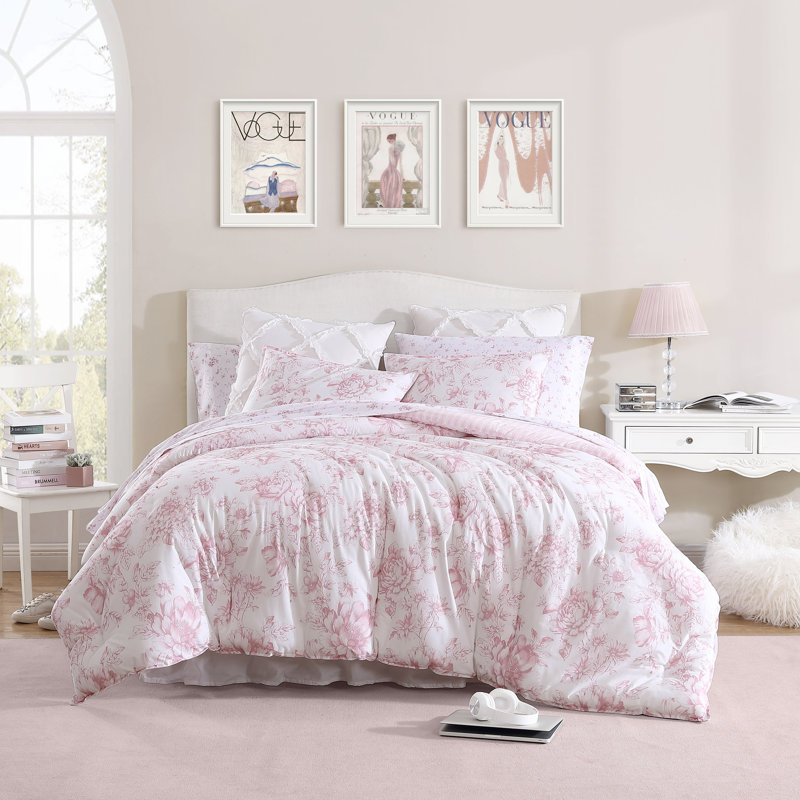 Ensemble d'édredon réversible en coton floral L 96 po x l 92 po Evie, Édredon pour grand lit + 2 taies décoratives