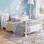 Lit plateforme simple en métal avec rails pour enfants, lit double profil bas pour garçons et filles, structure blanche robuste-2123586610-2123586609