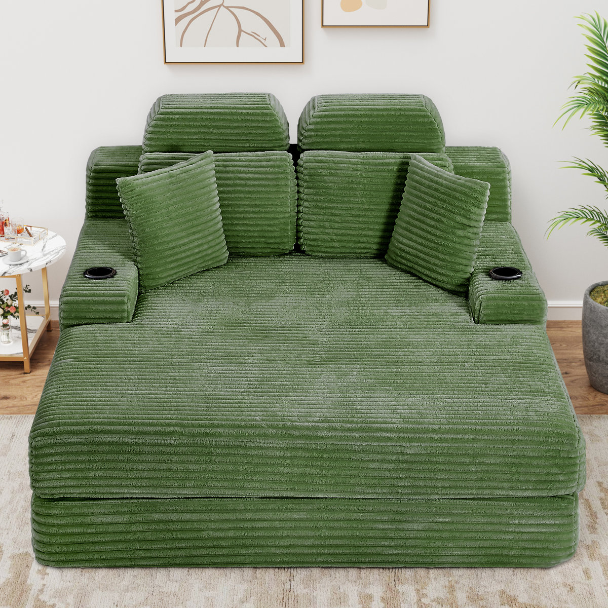 63.78" Corduroy Chaise Lounge Sofa Deep Seat Sleeper Sofa With Headrest, Cup Holder And Side Pockets - No Assembly Required