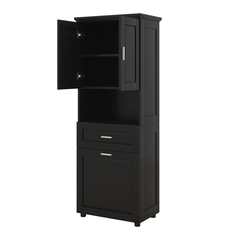 70" H Tall Bathroom Cabinet With Laundry Basket With Doors And Open Storage Space, Upper Storage Cabinet For Bathroom, Black