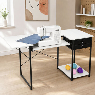 Table de couture, table de machine à coudre polyvalente avec tiroirs, tablette latérale pliable, tablette réglable, pieds en acier, bureau d'ordinateur pour la maison, studio de mode, studio d'art, établissement éducatif