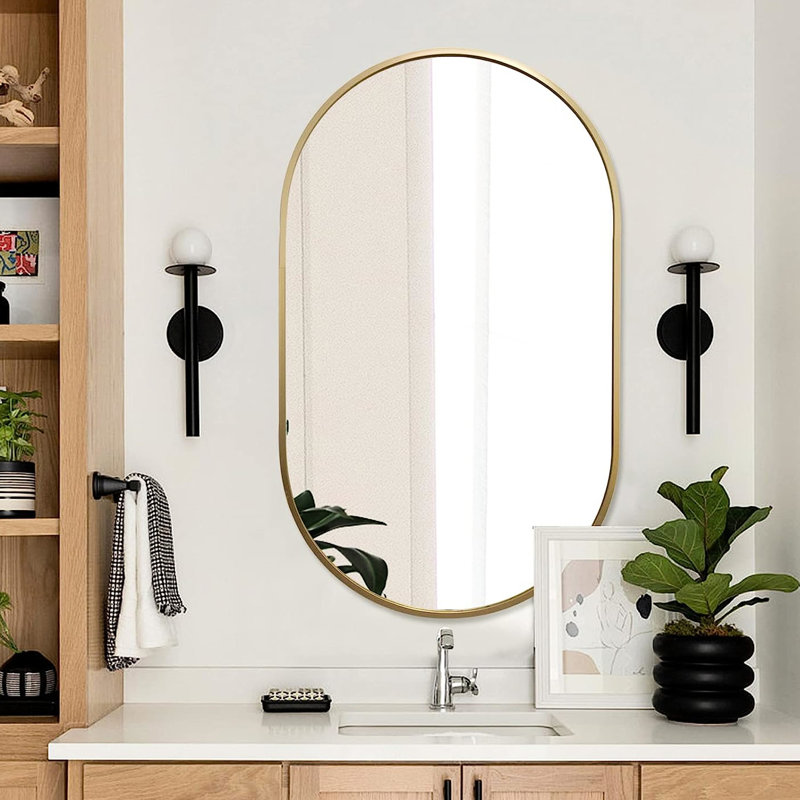 Miroir ovale mural en métal, Doré