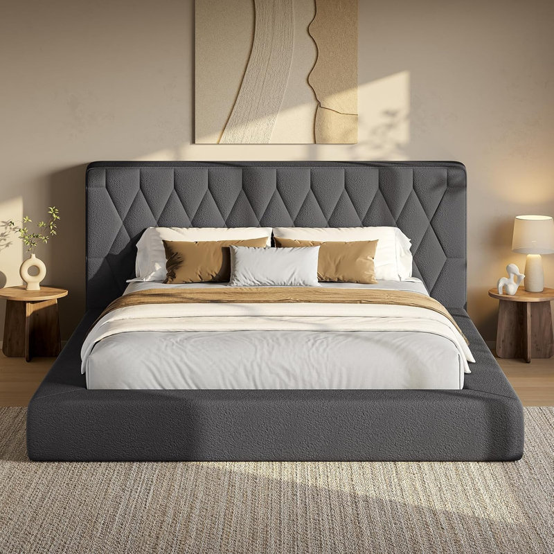 Structure de lit tapissier grand avec tête de lit 5,9 po, lit plateforme entièrement rembourré, coins arrondis doux et silencieux pour la chambre principale / chambre d'amis, assemblage facile en 15 minutes, gris