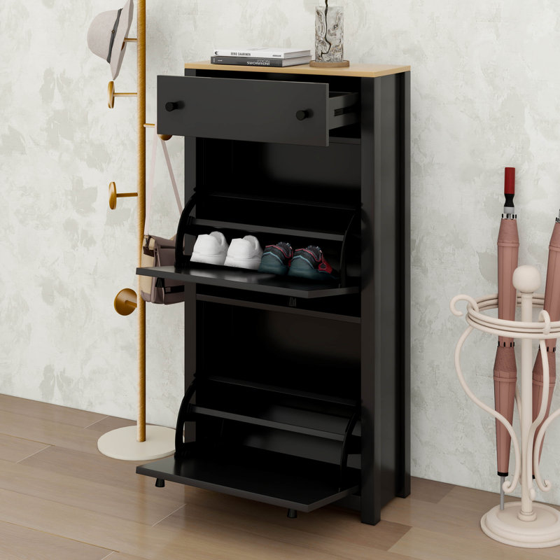 Rangement fonctionnel avec 2 tiroirs rabattables, armoire à chaussures avec tiroir à motif de grain de bois, Noir