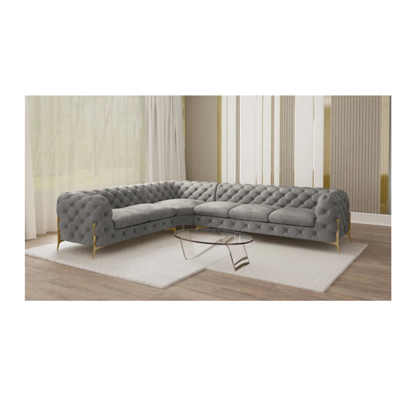 Chesterfield Corner Sofa L-Shape  with Gold Metal Legs, Grey, Right Hand Facing