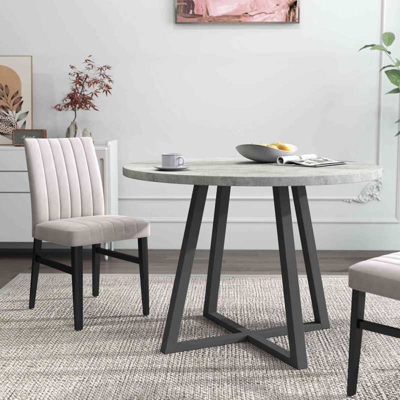 Ensemble de salle à manger 5 pièces, table à tréteaux ronde et 4 chaises rembourrées, Tan