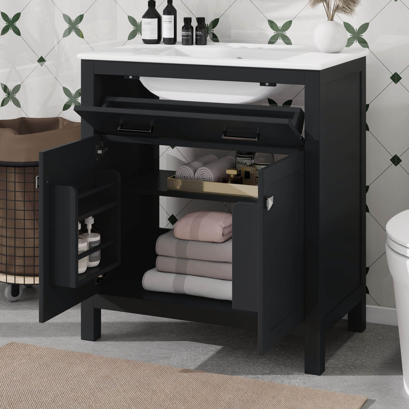 Meuble-lavabo de 30 po avec lavabo en céramique, armoire de salle de bain avec 2 portes et une tablette, portes à fermeture douce, supports de rangement pour porte