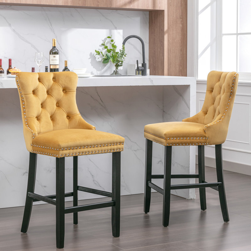 Velours contemporain avec panneau intérieur multicouche, fabrication en bois massif - de 2 élégantes chaises de bar rembourrées en acier à garniture en acier