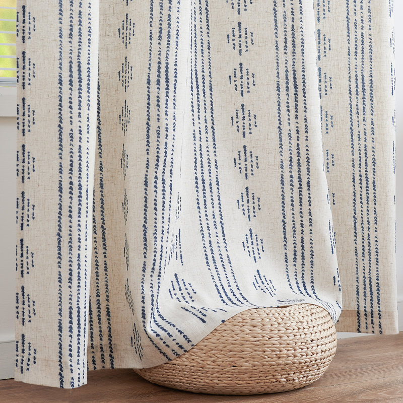 Linen Blend Semi-Sheer Rod Pocket Curtain Pair, 38" W x 84" L, Blue on Beige
