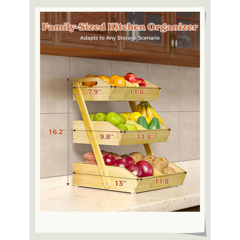 Panier de fruits à 3 niveaux 100% bambou avec crochets à banane, rangement mural pour articles de cuisine peu encombrant