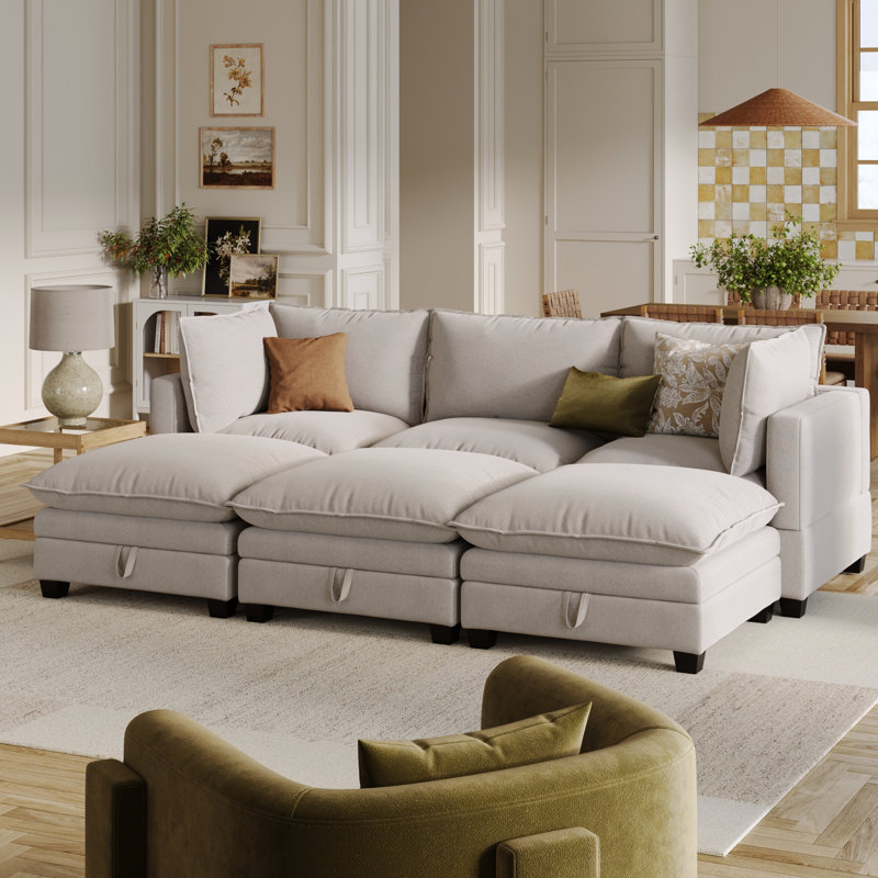 Somerdale Modern 6-Piece Armless Pit Sectional Sofa With Square Arm, Beige Linen