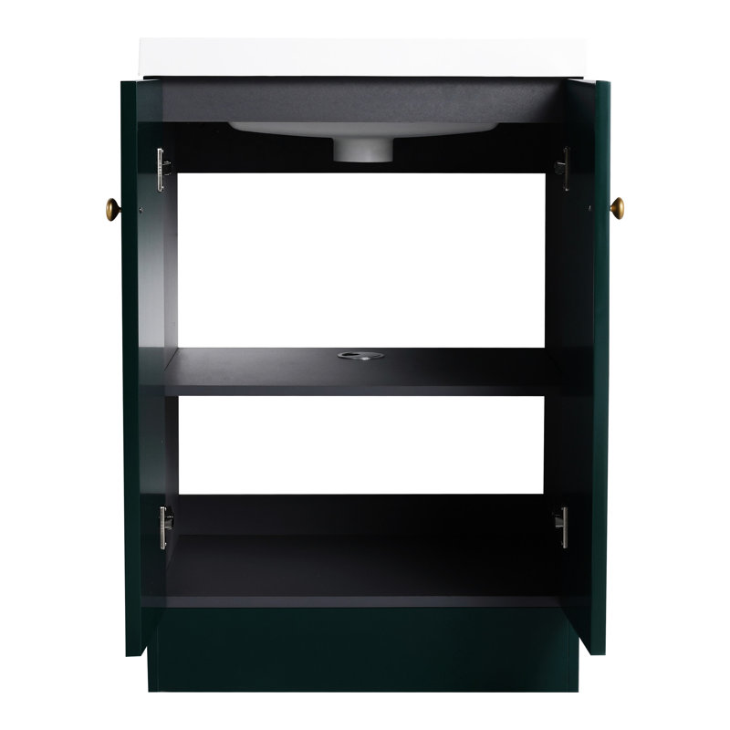Meuble-lavabo autoportant de 24 po avec lavabo en résine blanche et 2 portes d'armoire à fermeture en douceur. Conception moderne pour la salle de bain. Matériau en contreplaqué. Couleur foncée. Armoire à tablette réglable incluse. Lavabo. Intemporel