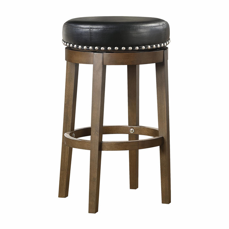 Ensemble de 2 tabourets de bar ronds et pivotants, siège pivotant à 360 degrés en similicuir noir avec garniture cloutée et cadre en bois massif de style transitionnel