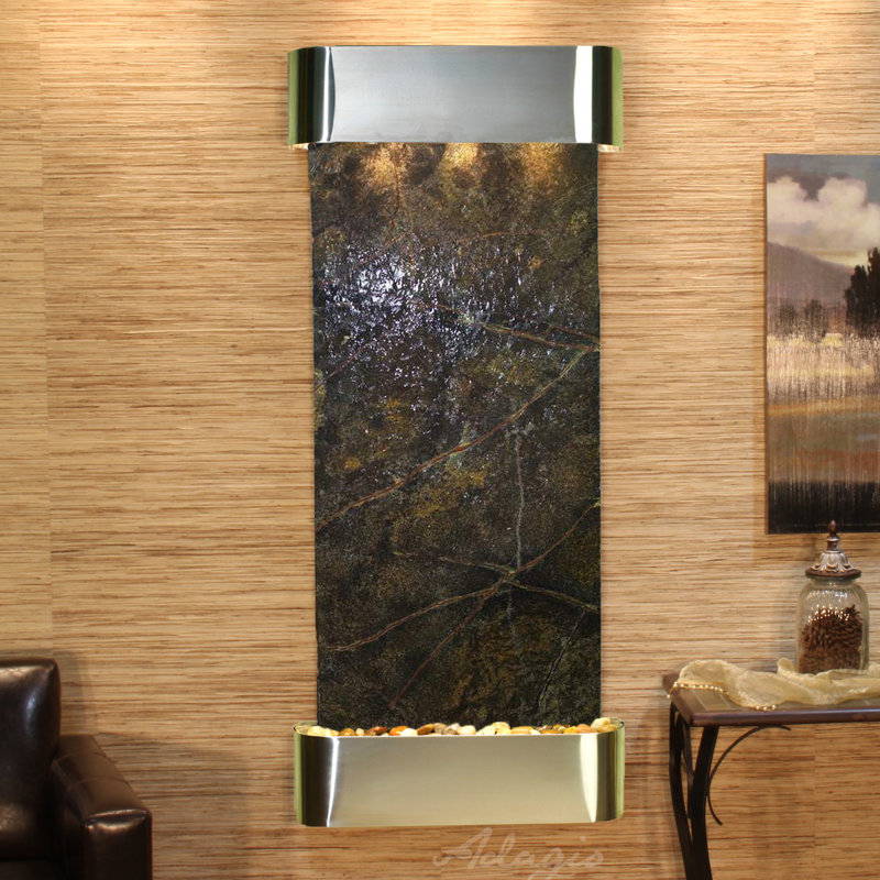Inspiration Falls Natural Stone Fountain with Light, Stainless Steel, Rainforest Green Marble