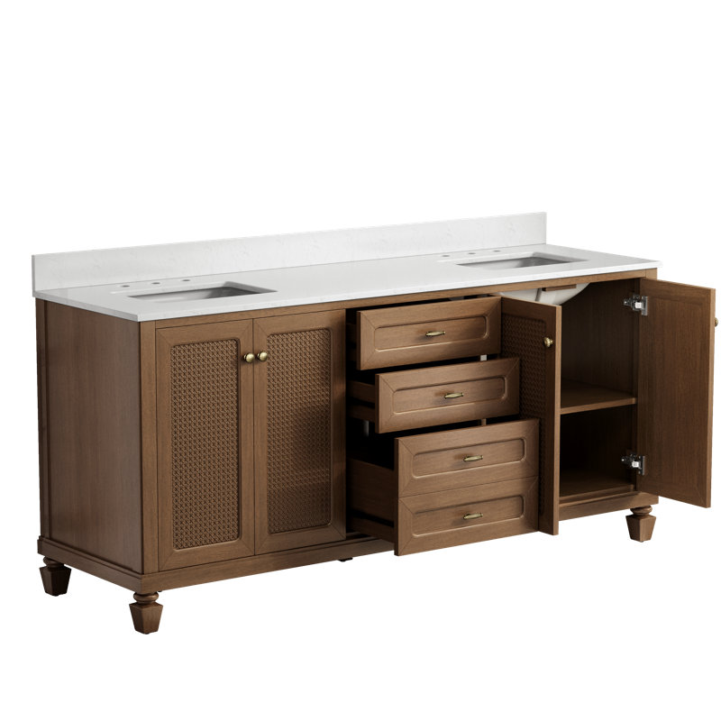 72" Free Standing Double Bathroom Vanity with Engineered Marble Top, Ceramic Sink, Backsplash, 72", Hickory