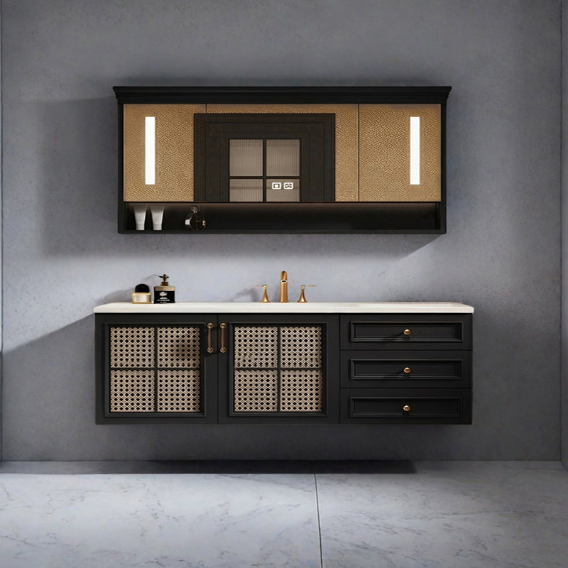 Retro-style rattan bathroom cabinet, 21.65" H x 62.99" W x 21.65" D