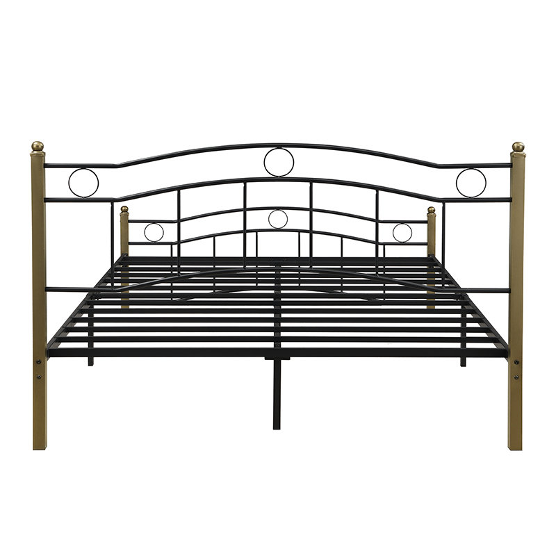 Base de lit plateforme grand en métal avec tête et pied de lit ondulés, support en lattes de fer, aucun sommier requis, noir et or