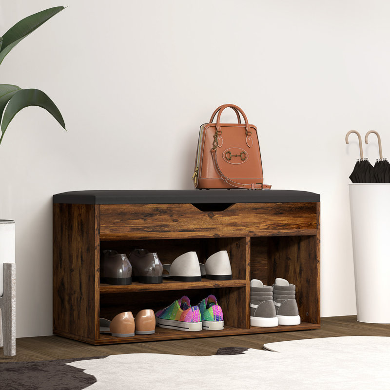 Banc à chaussures avec support rembourré pour le couloir, brun rustique