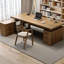 Bureau de direction brun en forme de L en bois de pin massif avec armoires latérales-1013776773-1013776775