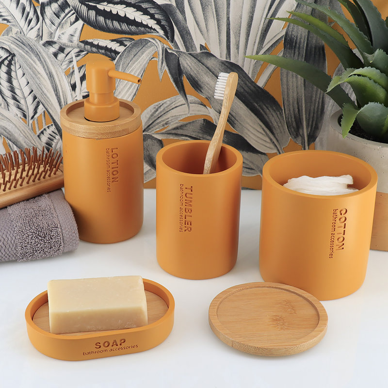Mustard Yellow Polyresin Soap Dish with Bamboo Base