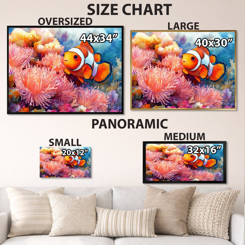 Poisson-clown rose orangé et anémone de mer II - Tableau encadré de corail côtier sous-marin, H 24 po x l 32 po