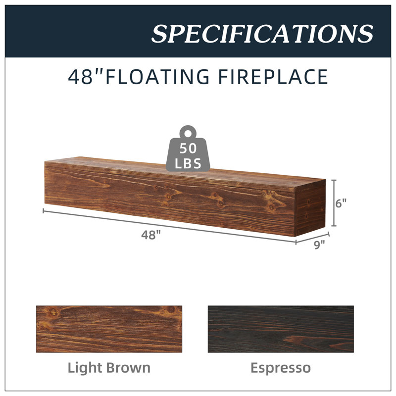 Manteau de cheminée en bois rustique, tablette murale et flottante pour la décoration intérieure, H 6 po x l 48 po x P 9 po