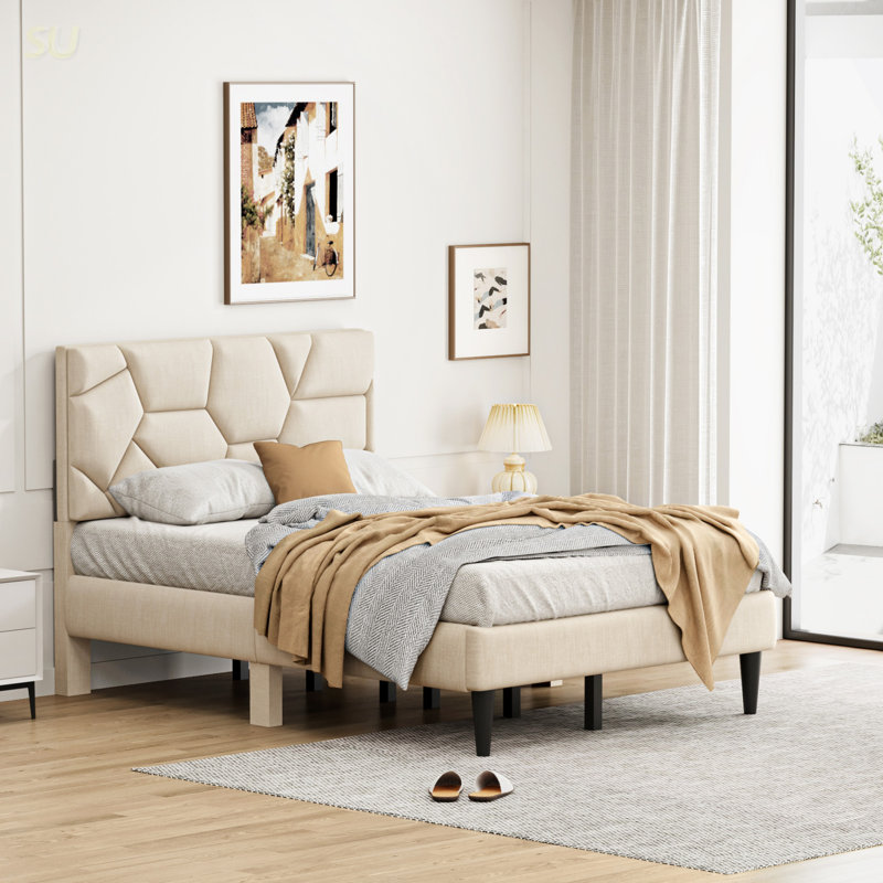 Structure de lit double, tête de lit en lin, solide et stable, sans bruit, sans sommier, poids 397 lb (beige), lit