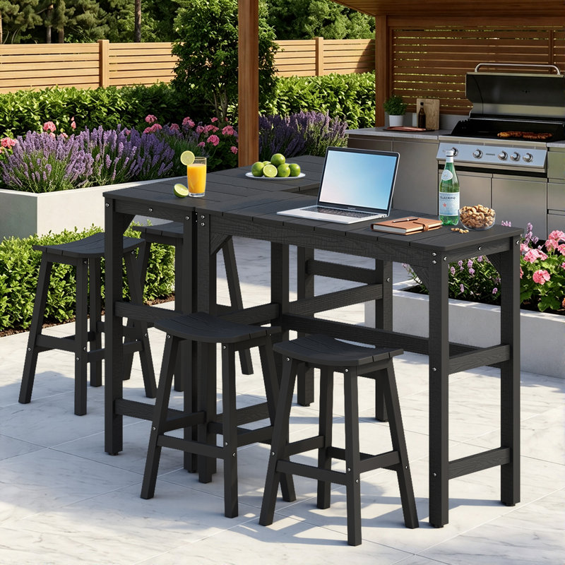 6-pieces Patio Bar Set, All Weather Hips Outdoor Waterproof 4-person Outdoor Bar Height Table And Stools, Black, Black