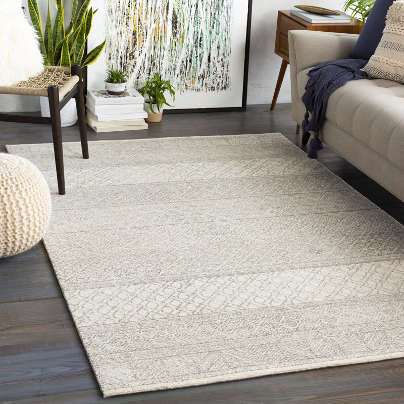 Tapis en laine gris et crème à motif géométrique touffeté à la main Abdera, Rectangle 9 pi x 12 pi
