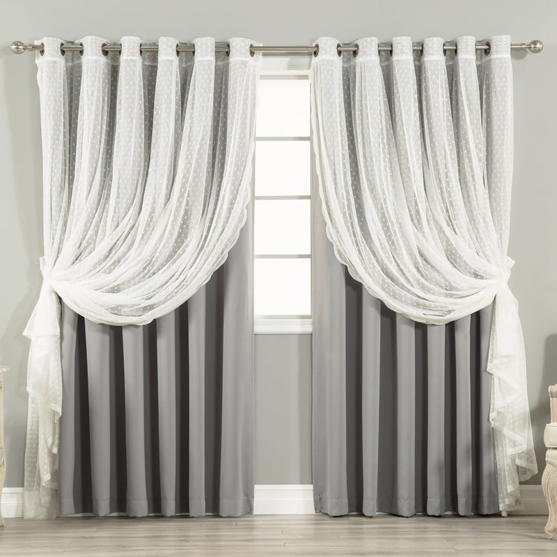 Rideau occultant en polyester Damyiah (1 voilage et 1 panneau occultant), Gris, L 80 po x L 84 po
