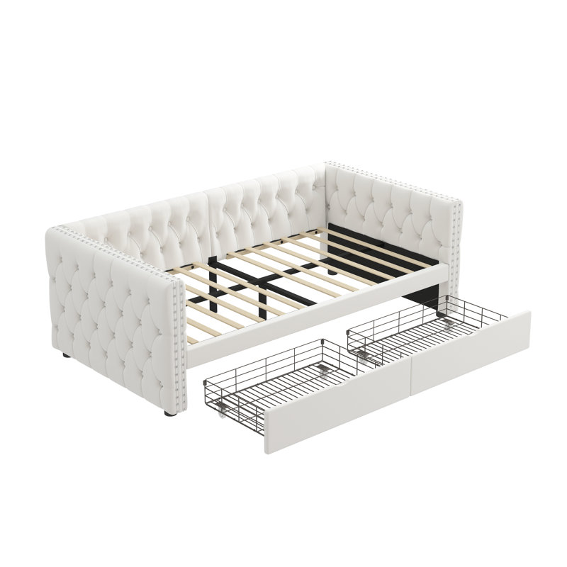 Twin Size Daybed With Drawers Upholstered Tufted Sofa Bed, With Button On Back And Copper Nail On Waved Shape Arms, Velvet