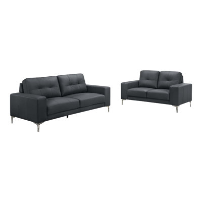 Moa 2Pc Loveseat N Sofa Set, Modern Chrome Legs, Full Leather