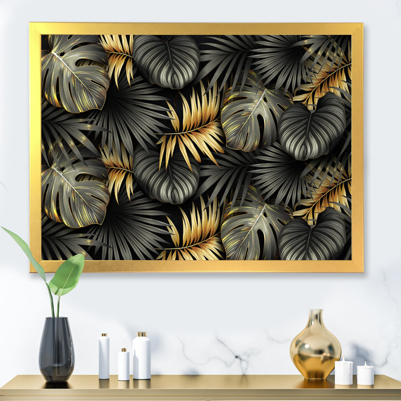 «Black and Gold Tropical Leaves II», impression sur toile, H 24 po x l 32 po x 1,5 po, Toile encadrée d'or