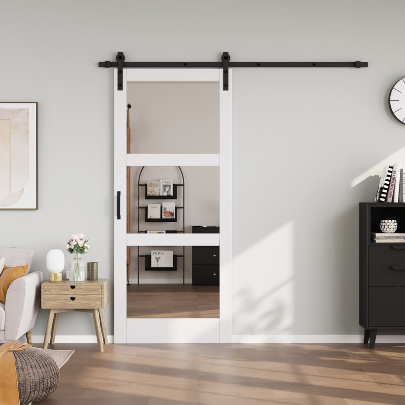 Portes intérieures de grange coulissantes en bois manufacturé 3-Lite Kit-𝘀𝗶𝗱𝗲𝗱 𝗠𝗶𝗿𝗿𝗼𝗿 avec ensemble de quincaillerie