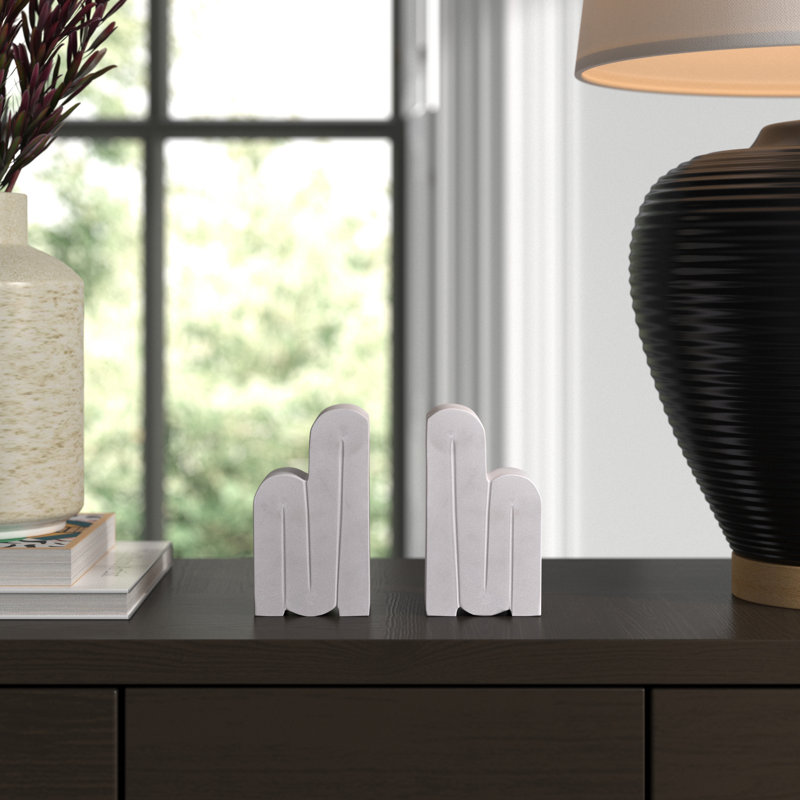 Set of 2 Marble Bookends Contemporary Abstract White Swirl Design Bookend Set Book Organization Home