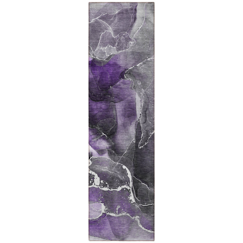 8' Runner Gray and Purple Abstract Washable Non Skid Indoor Outdoor Runner Rug