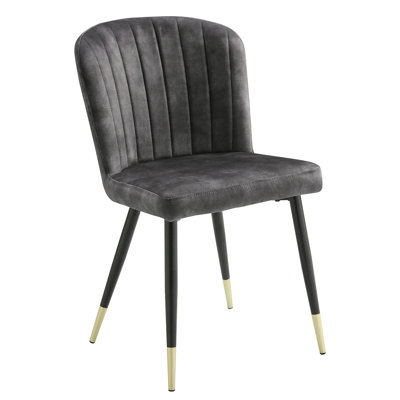 Edythe Modern Design Dining Chairs Of 2, Charcoal-Hued Velvet Upholstery And Channel Tufting On Black Metal Legs With Gold Ornamentation 2Pcs In Charcoal Velvet, Featuring Gold Embellishments