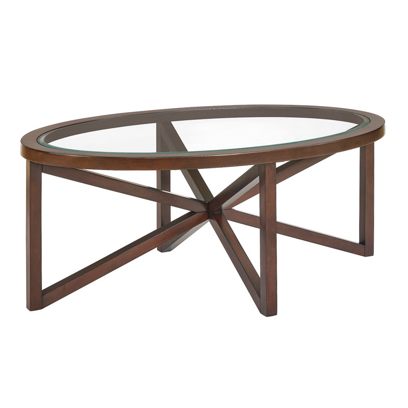 Wood 28.34"oval coffee table with glass top, Cherry, Black