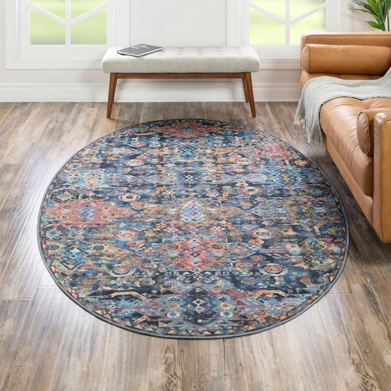 Tapis bleu marine Southwestern / Lodge, Ovale 7 pi 7 po x 10 pi 6 po