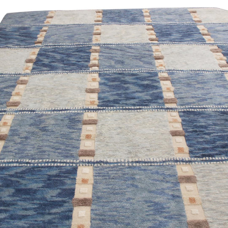 Rug & Kilim’S Scandinavian Inspired Geometric Gray And Blue Wool Pile Rug, Rectangle 8' x 10'