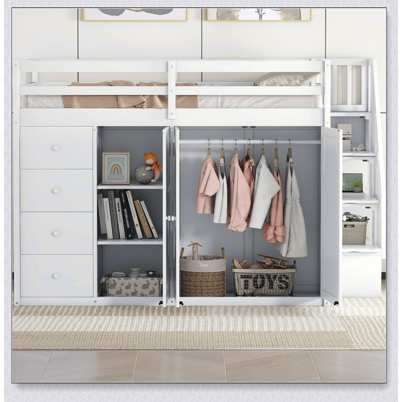 Wood Loft Bed With Built-In Wardrobes, Cabinets And Drawers