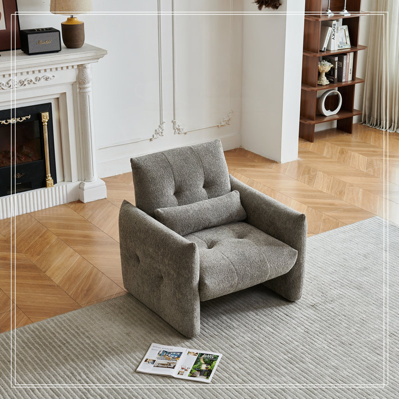 Velvet Upholstered Single Sofa Chair With Lumbar Pillow For Living Room, Bedroom, And Reading Room, Gray