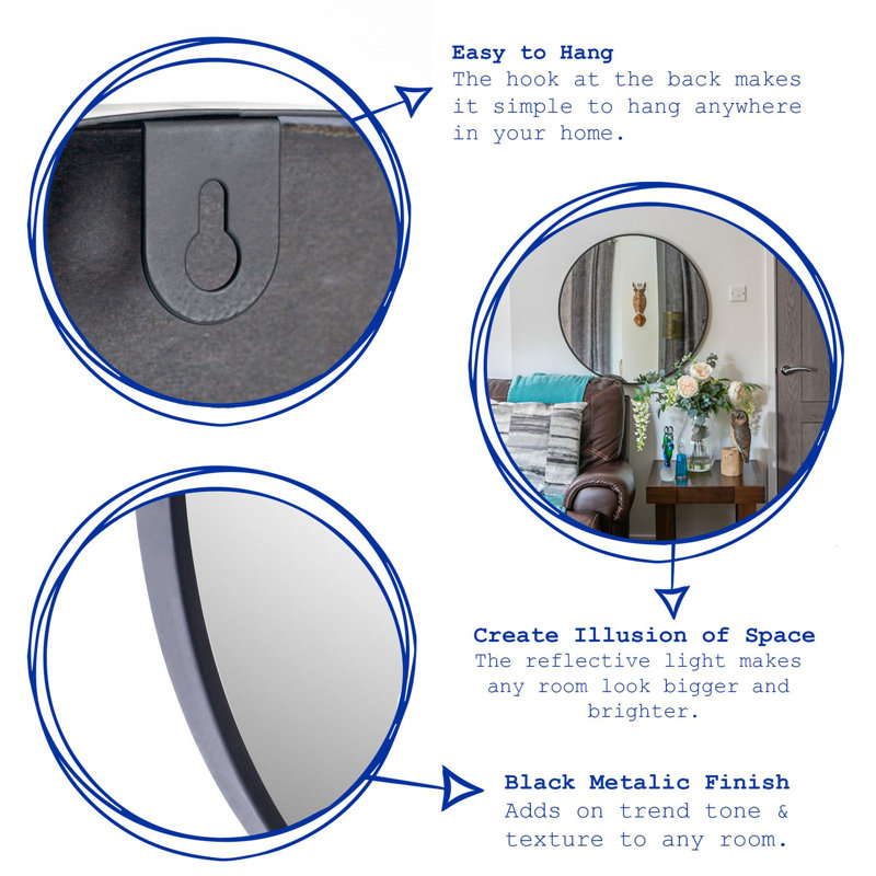 Clarkdale Round Metal Frame Wall Mirror, Black, 80cm H x 80cm W