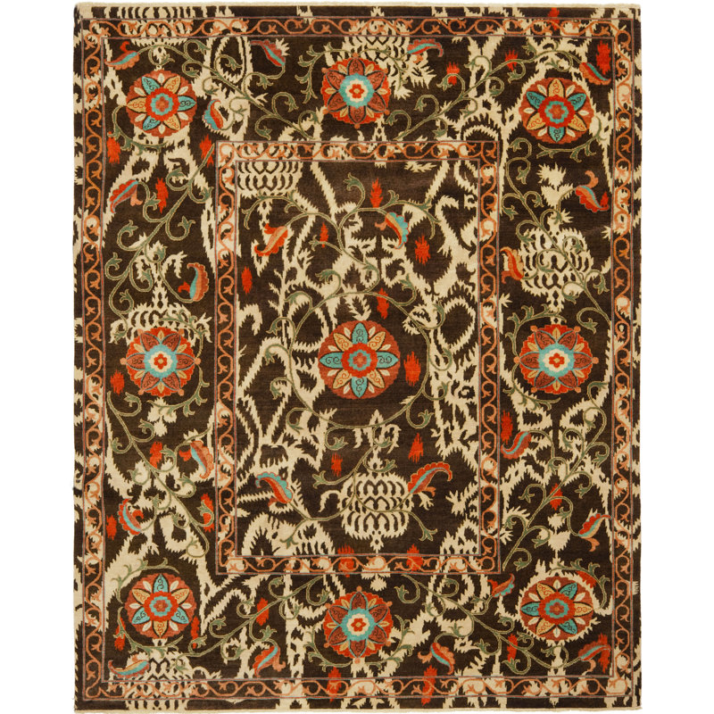 Tapis floral en laine noué à la main Oushak, Rectangle 8 pi x 10 pi