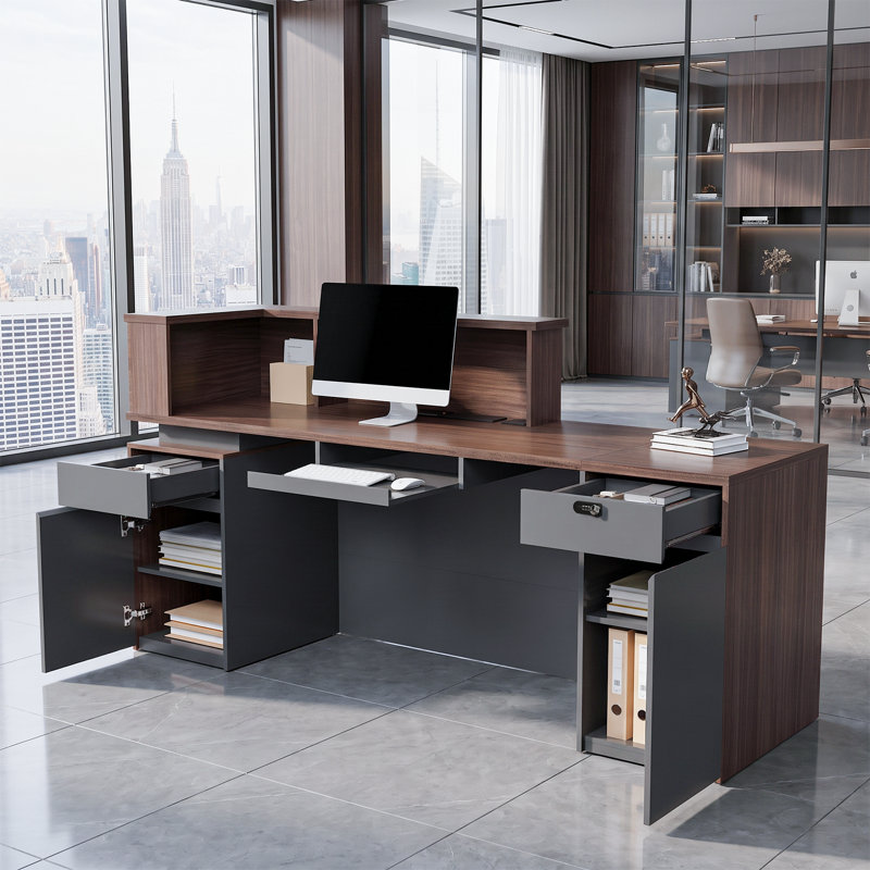 Bureau de réception moderne en noyer avec prises de courant intégrées, tiroir verrouillable et plateau à clavier coulissant pour bureau, comptoir de caisse, réception et service à la clientèle