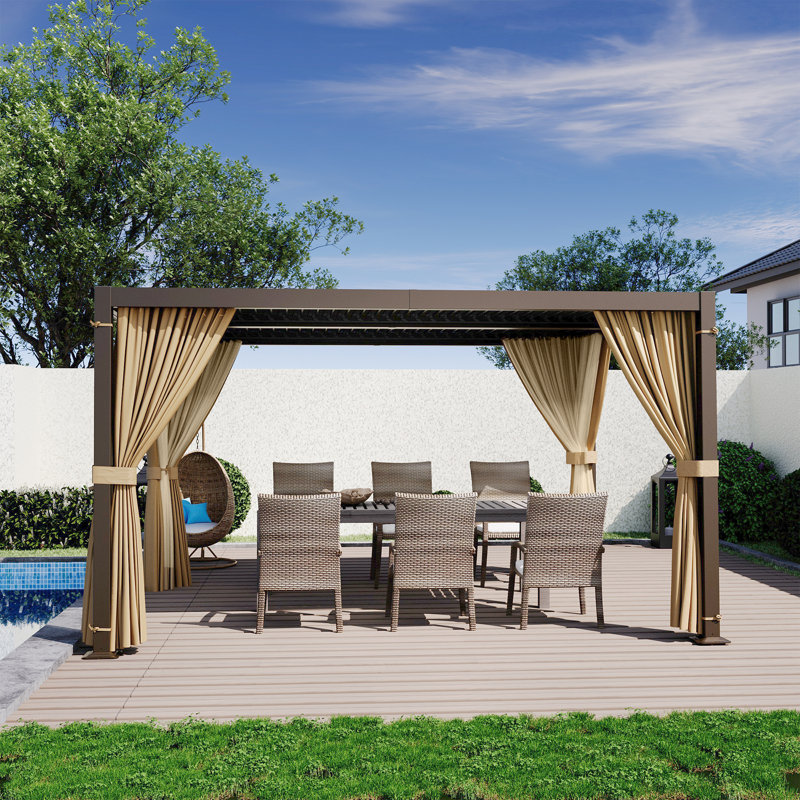 Aluminum Louvered Pergola with Adjustable Roof and Curtains, 13 Ft. W x 10 Ft. D, Natural wood