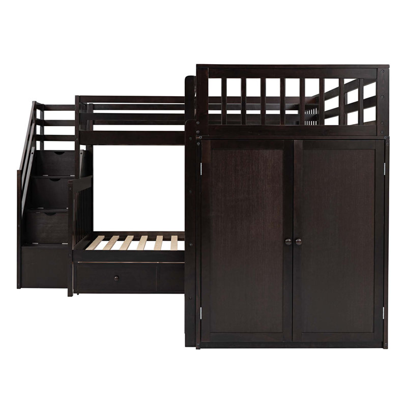 Jahmarion Kids Twin Over Twin Over Full Bunk Bed with Drawers, Espresso