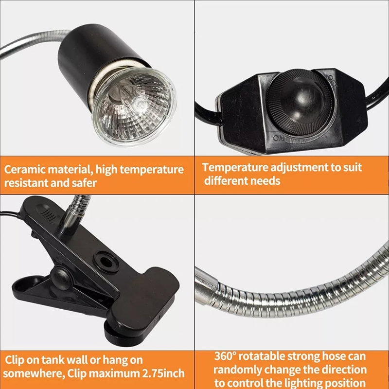Lampe chauffante reptile avec 2 ampoules chauffantes avec pince, Noir, noir, noir, noir